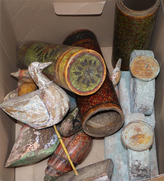 A collection of Indian wood ducks, cylindrical boxes etc